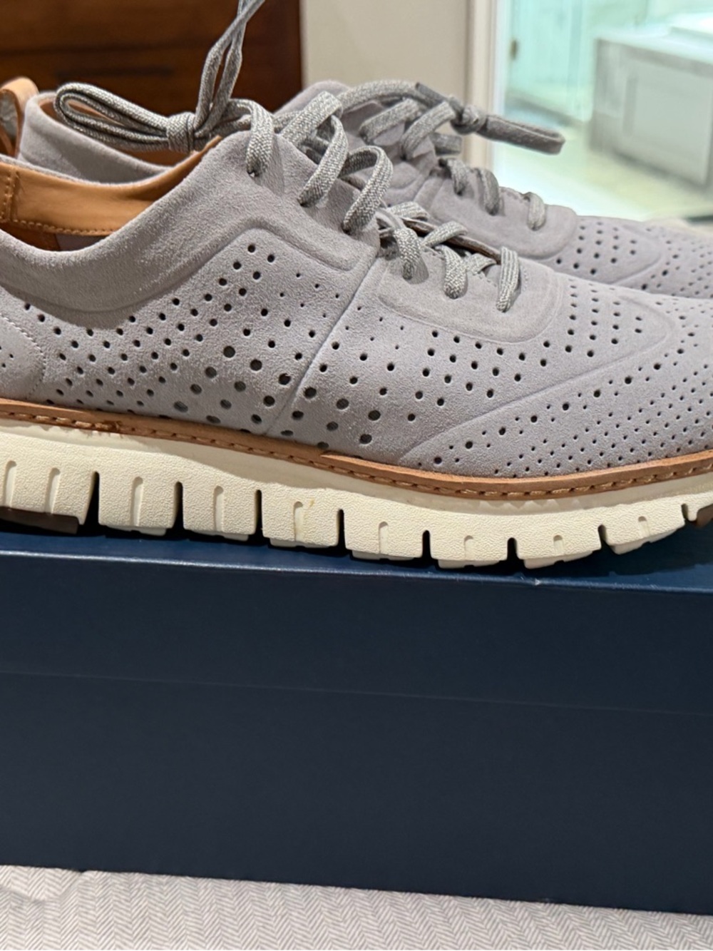 Cole Haan Light Gray Perforated Suede Derby with Tan Trim